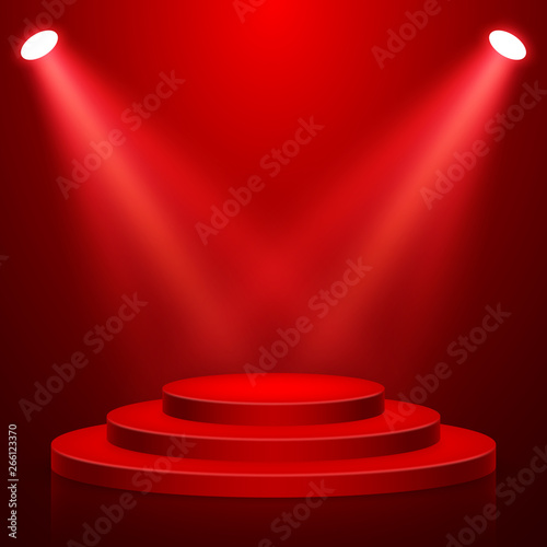 Round stage podium with light. Stage vector backdrop. Festive podium scene with red carpet for award ceremony. Vector illustration