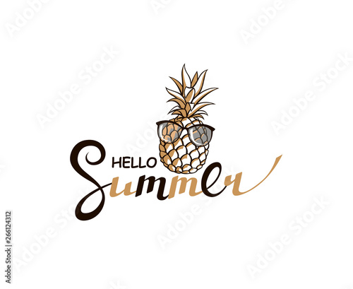 emblem of hello summer lettering with pineapple isolated on white background