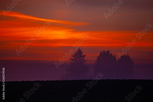 Morning red sunrise at mysterious landscape at the field