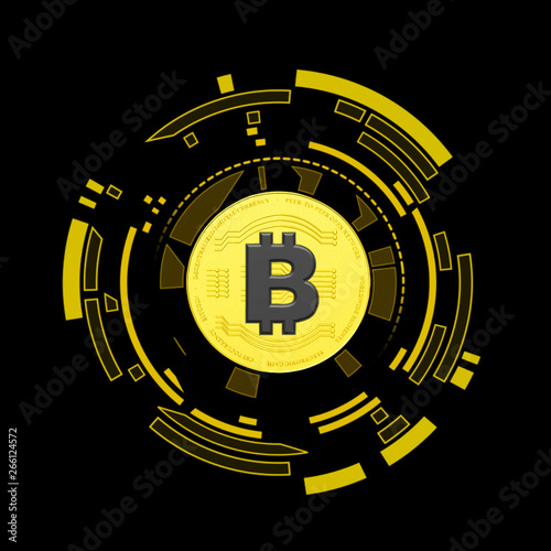 3D rendered Bitcoin illustration inside a hud element on a black background