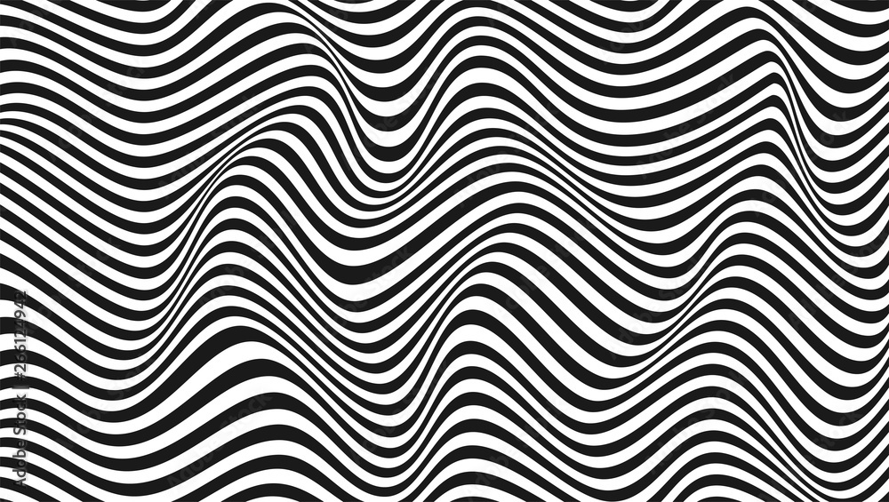 Abstract wavy twisted background. Pattern from lines, halftone effect. Black and white modern art texture. Minimalistic design, layout for poster, banner, business cards, cover, postcard, stickers