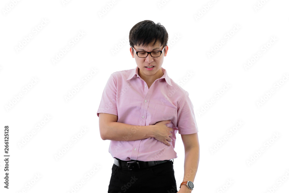 Asian young businessman has standing with stomachache on isolated on wihte background. Asian young businessman has standing with stomachache on isolated on wihte background.