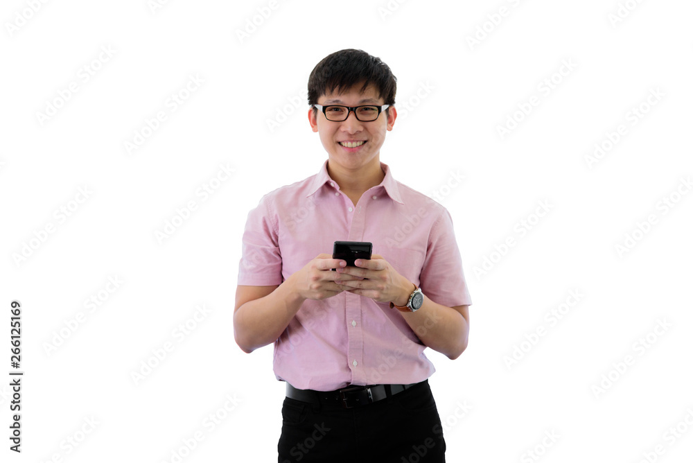 Asian young businessman has standing and playing phone with happy on isolated on wihte background. Asian young businessman has standing and playing phone with happy on isolated on wihte background.