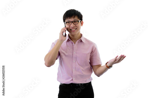 Asian young businessman has standing and talking for business goal with happy on isolated on wihte background.