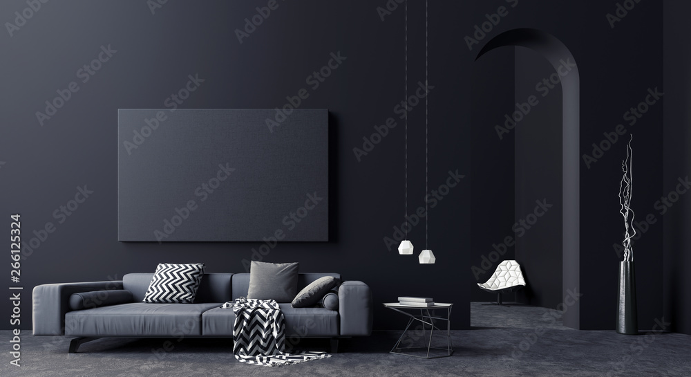 Modern Concept interior design of black and grey living room, 3d Render 3d illustration Stock ...