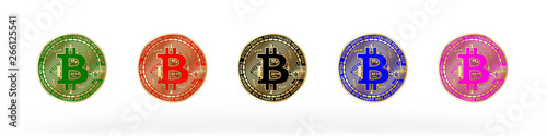 3D rendered Bitcoin illustration with five different colors on a white background