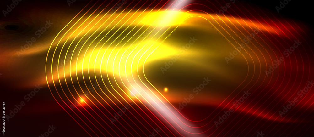 Neon glowing techno lines, hi-tech futuristic abstract background template with square shapes