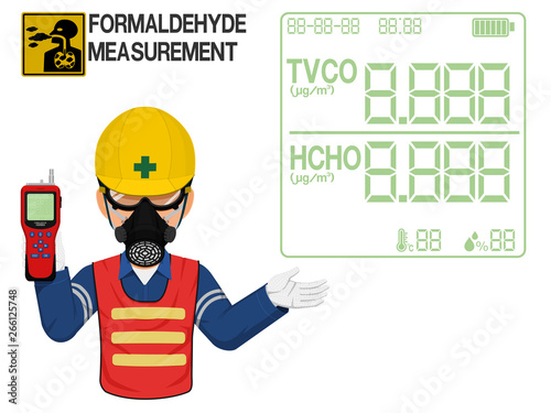 An Industrial worker with respirator is presenting display screen of the gas detector