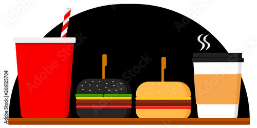 fast food, hamburger, black burger, cheeseburger, soda, coca cola, hot coffee on a black background