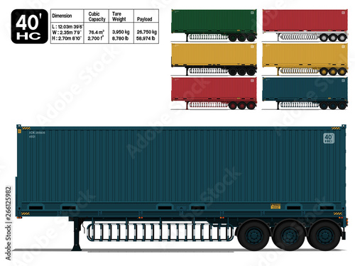 Isolated container 40 Ft(High cube) on trailer on transparent background