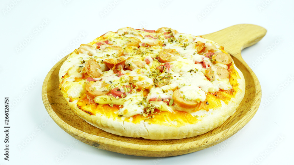Pizza Bacon Ham mozzarella cheese on Chopping Wood on white background, pizza delivery. Top view copy space.