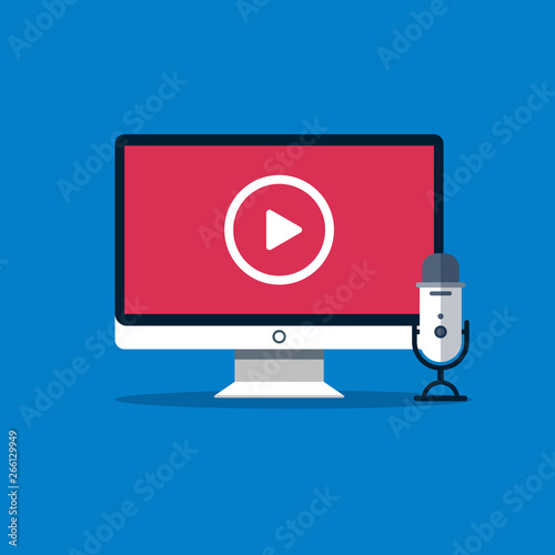 Video streaming concept. Streaming devices, microphone with webcamera. Livestreaming, cybesport, videogames, entertaiment, show. Flat style icon set, vector illustration.