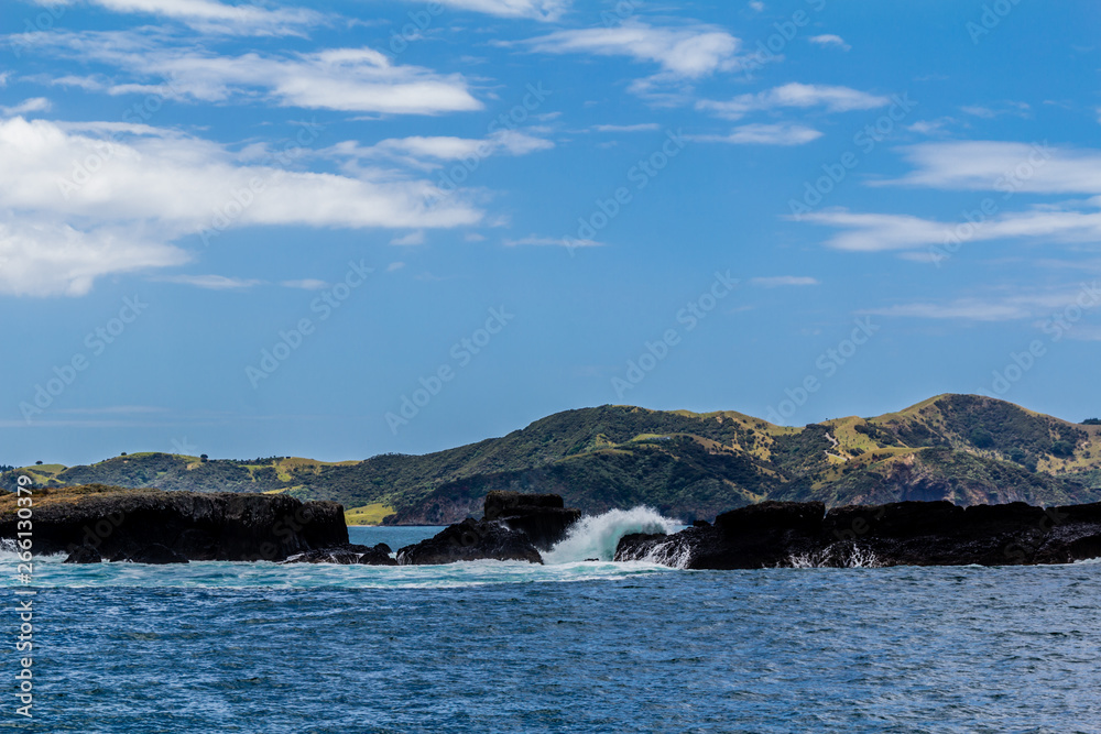 Waves crash against the rocks, Bay of Islands, New Zealand