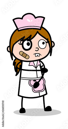 Injured Face - Retro Cartoon Waitress Female Chef Vector Illustration