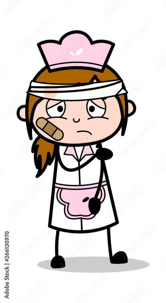 Sad Face with Bandage on Face - Retro Cartoon Waitress Female Chef Vector Illustration Sad Face with Bandage on Face - Retro Cartoon Waitress Female Chef Vector Illustration