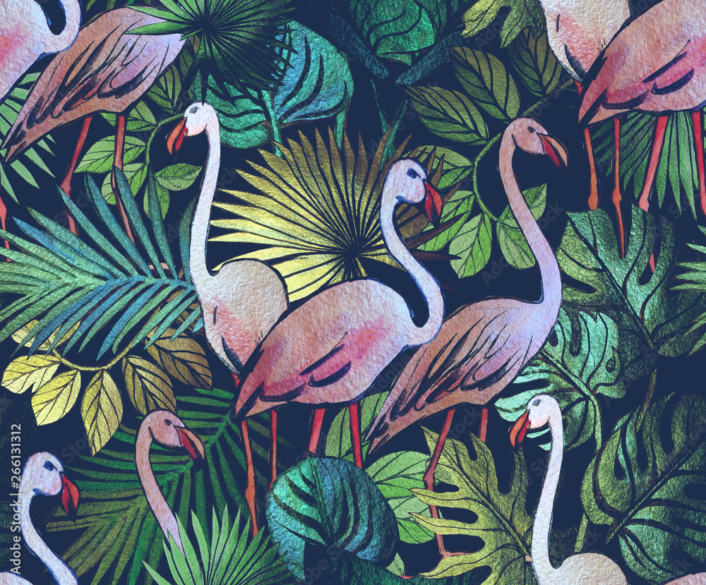 Seamless pattern with tropical leaves and pink flamingos. Tropical background.