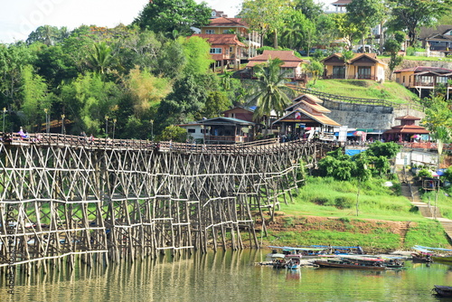 Close-up view, large wooden bridge Long and large at Sangkhla Buri District, Kanchanaburi Province, Thailand photo