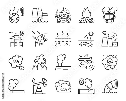 set of pollution icons, such as air pollution, water pollution, sound pollution