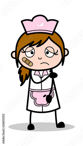 Injured Face with Bandage - Retro Cartoon Waitress Female Chef Vector Illustration
