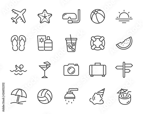 set of summer icons, such as vacation, trip, ice cream, sun, travel