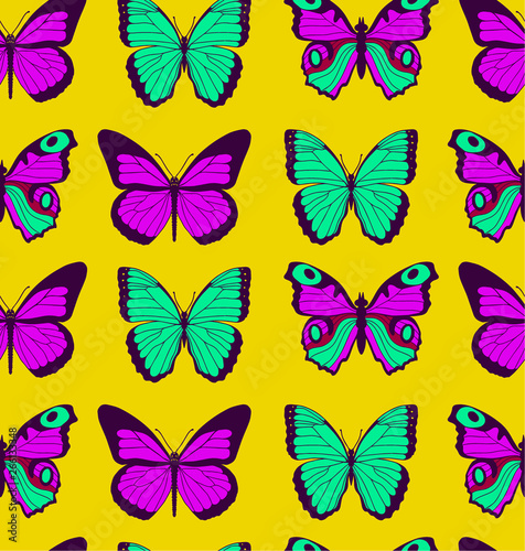 Colorful flat cartoon vector seamless pattern with different butterflies on yellow background © Маргарита Федоренко