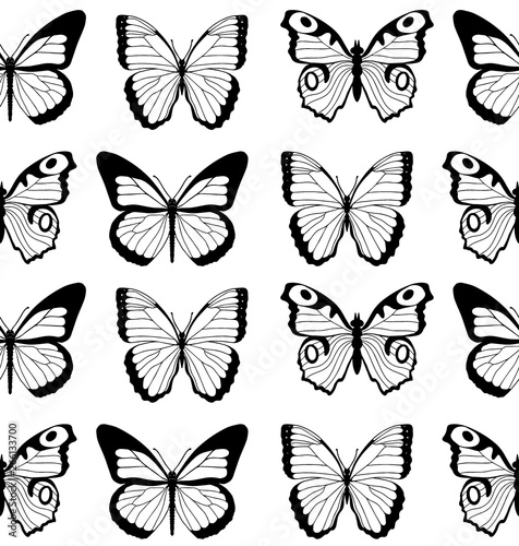 Black and white flat cartoon vector seamless pattern with different butterflies