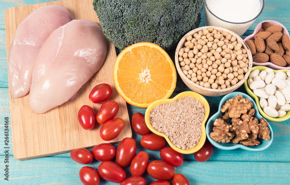 Nutritious ingredients and products containing vitamin B3 (PP, niacin) and other natural minerals, concept of healthy lifestyle and nutrition. Nutritious ingredients and products containing vitamin B3 (PP, niacin) and other natural minerals, concept of healthy lifestyle and nutrition.