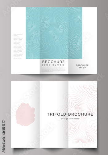 The minimal vector illustration of editable layouts. Modern creative covers design templates for trifold brochure or flyer. Topographic contour map, abstract monochrome background.