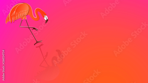 Flamingo and its reflection on neon futuristic background. Template banner, billboard, background, wallpaper. Vector illustration. There is a place for text.