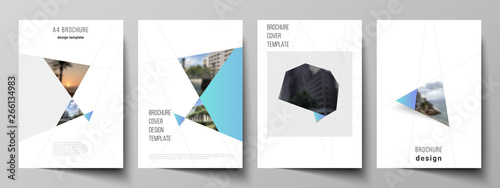 The vector layout of A4 format modern cover mockups design templates for brochure, magazine, flyer, booklet, report. Creative modern background with blue triangles and triangular shapes. Simple design