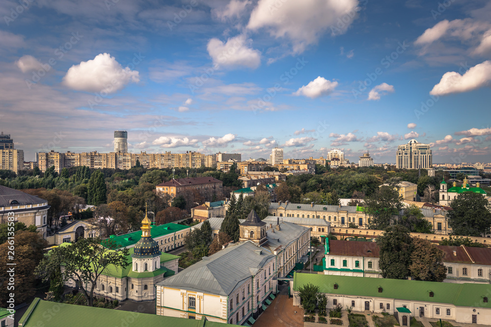 Kiev - September 28, 2018: Panoramic view of the Orthodox Pechersk Lavra monastery in Kiev, Ukraine