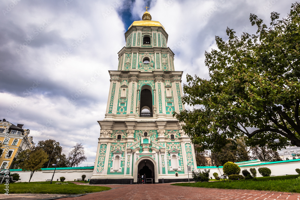 Kiev - September 28, 2018: Tower in Saint Sophia Orthodox monastery in Kiev, Ukraine