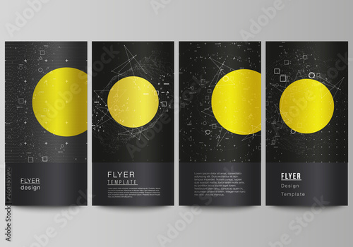 The minimalistic vector illustration of the editable layout of flyer, banner design templates. Science or technology 3d background with dynamic particles. Chemistry and science concept.