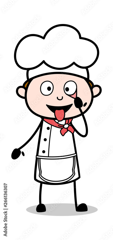 Showing Eye and Tongue - Cartoon Waiter Male Chef Vector Illustration﻿