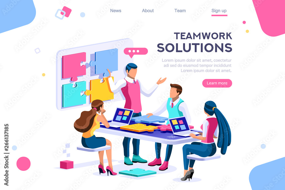 Teamwork images, together solutions, partnership collaboration and communication. Pieces of project concept. Can use for web banner, infographics, hero images. Flat isometric vector illustration.