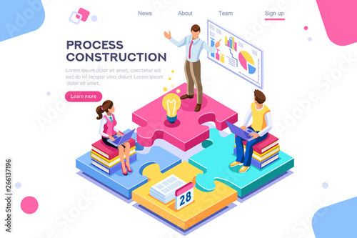 Corporate, joint company. People push support, process construction concept. Flat color icons, creative illustrations, isometric infographic images, web banner