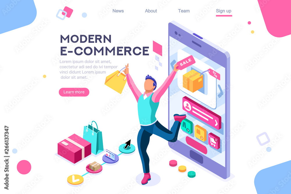 Concept, buyer graphic, consumerism design. Buyer, e-commerce interface, items. Layout used for consumerism online. Interacting people. 3d isometric vector illustration.