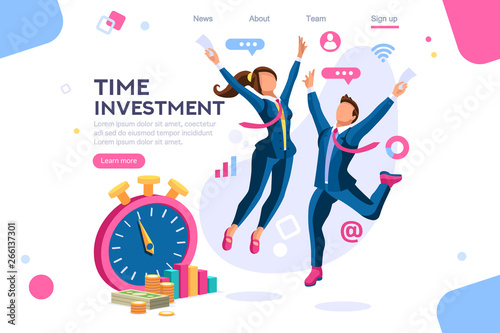 Investment, clock concept. Save time, economy images. Isometric flat color icons, creative illustrations. Interacting people - Vector