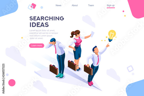 Cloud header, search, idea advancement. Man cutout, flat color icons, creative illustrations, isometric infographic images, web banner - Vector