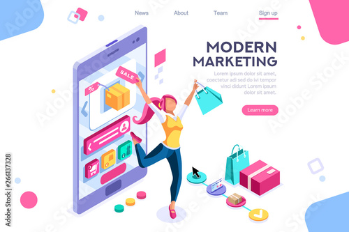 Concept, buyer graphic, consumerism design. Buyer, e-commerce interface, items. Layout used for consumerism online. Interacting people. 3d isometric vector illustration. © Aurielaki