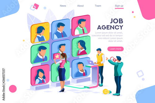 Client employee job agency character hire group contract social employer. Flat color icons, creative illustrations, isometric infographic images, web banner - Vector