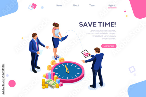Consulting, money control. Economy time. Flat color icons, creative illustrations, isometric infographic images, web banner - Vector