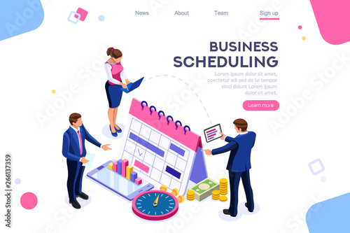 Business tasks schedule week. Clock, blackboard, computer graphic. Task background, flat color icons, creative illustrations, isometric infographic images, web banner - Vector