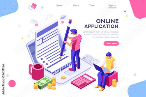 Work bills, coin site, money on blank webpage. Form, landing page concept for infographics, hero images. Flat isometric vector illustration. Web banner between white background, between empty space