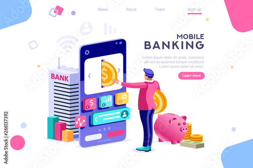 Bank holding coin on smartphone. Money banner, banknote depositing concept for infographics, hero images. Flat isometric vector illustration. Web banner between white background, between empty space