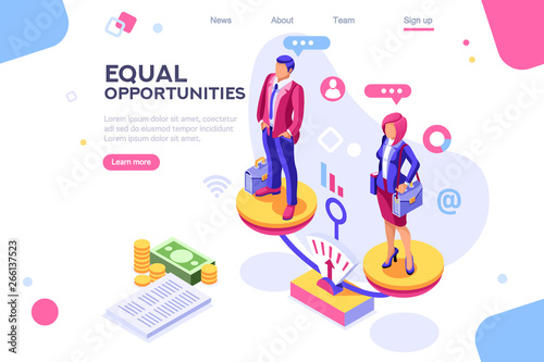 Work cheerful for both, business equality concept for infographics, hero images. Flat isometric vector illustration. Web banner between white background, between empty space