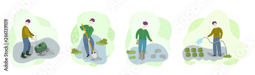 Steps of organic growing vegetables on field. Men cultivate soil, dig hole, sow seeds, watering. Season agriculture harvest work scene set. Isolated flat trendy cartoon Illustration collection