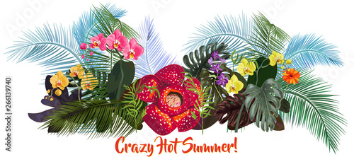Panoramic view with tropical plants: Rafflesia arnoldii, Dendrobium, red, yellow Phalaenopsis orchid flowers, gerbera, monstera, coconut palm leaves. Illustration in watercolor style, vintage, vector