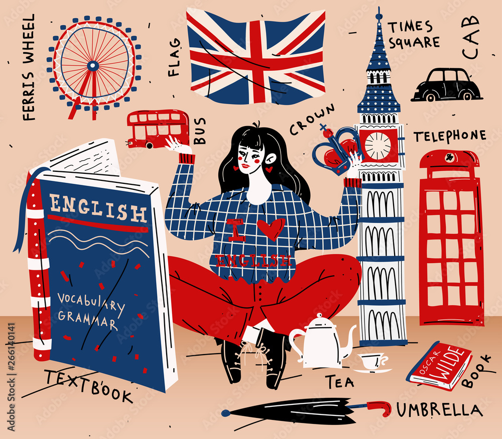 Young woman girl student learning english. Education, foreign language.