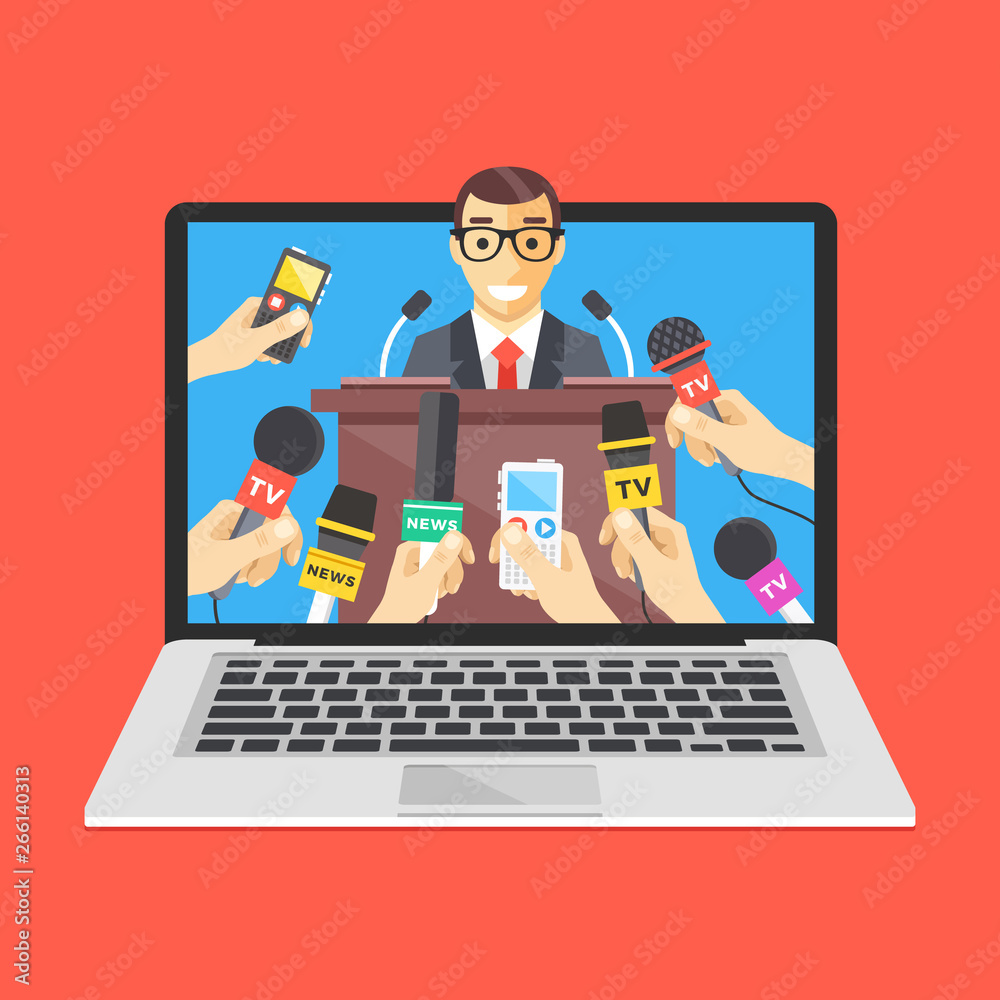 Laptop with press conference live video on screen. Broadcasting, online video, live stream concepts. Flat design. Vector illustration